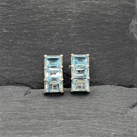 Vintage Sterling Silver Blue CZ Rectangle Stud Ea… - image 1