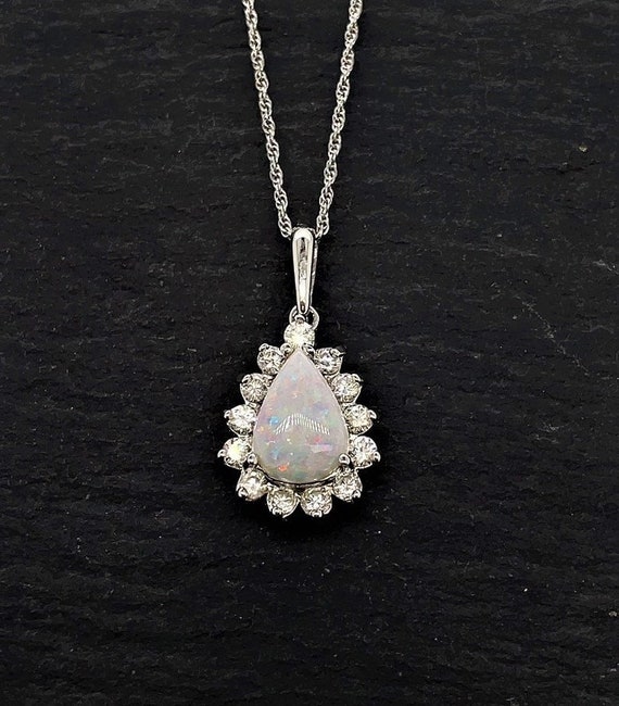 Vintage 14K White Gold Diamond And Opal Necklace 1