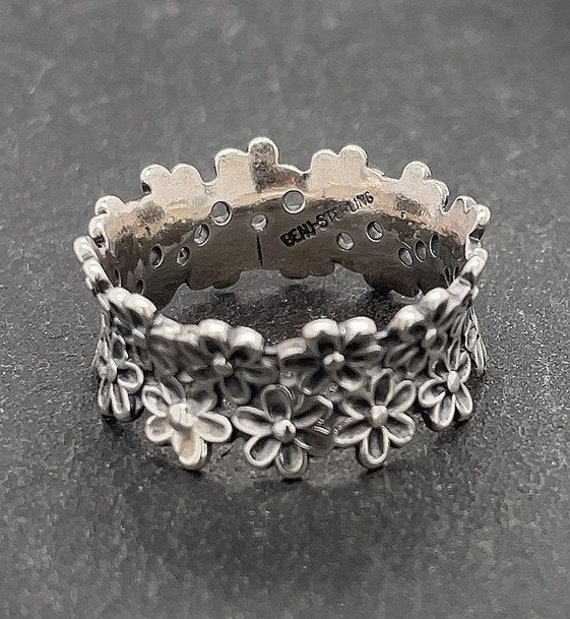 Vintage Sterling Silver Flower Band Ring Signed B… - image 3