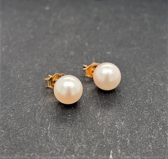 Vintage 14K Yellow Gold Cultured Pearl Stud Earri… - image 1