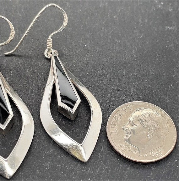 Vintage Sterling Silver Black Onyx Dangle Earrings - image 3