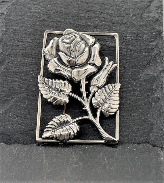 Vintage Sterling Silver Rose Flower Brooch Pin Sig