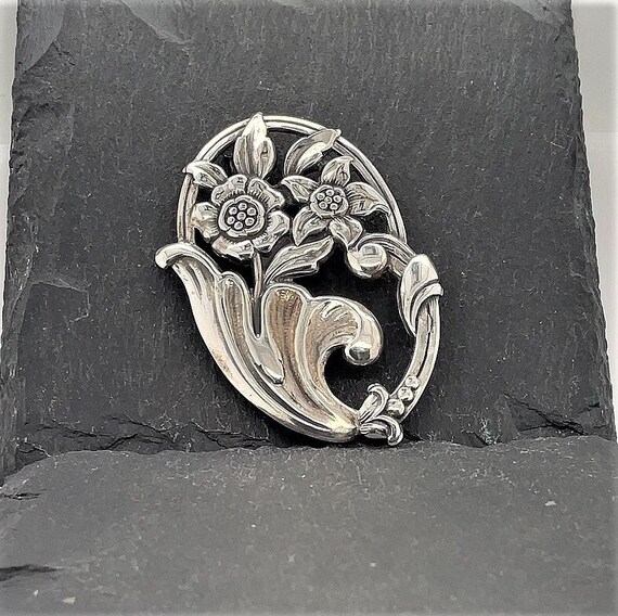 Vintage Sterling Silver Flower Brooch Pin Signed … - image 1