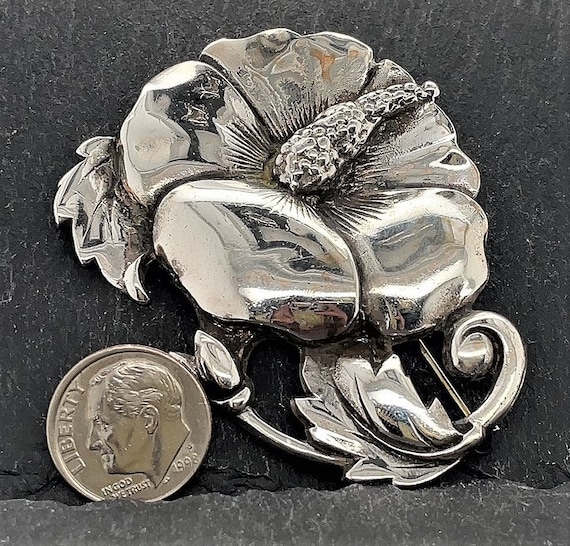 Vintage Sterling Silver Hibiscus Flower Brooch Pi… - image 2