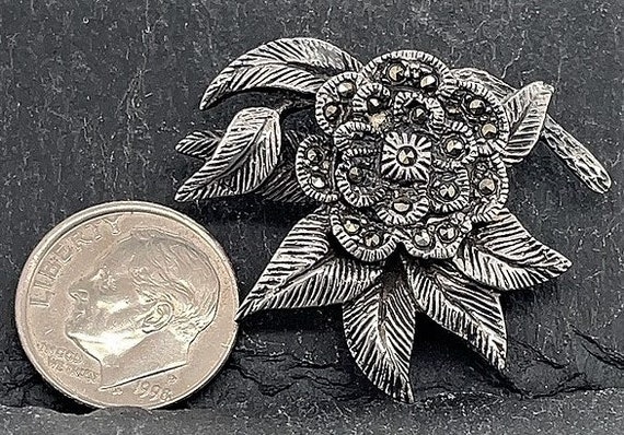 Vintage Sterling Silver Marcasite Flower Brooch P… - image 2