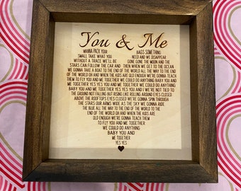 You & Me by Dave Matthews lyrics Heart Engraving on Birch wood / 8 x 8” or 10 x 12” frame