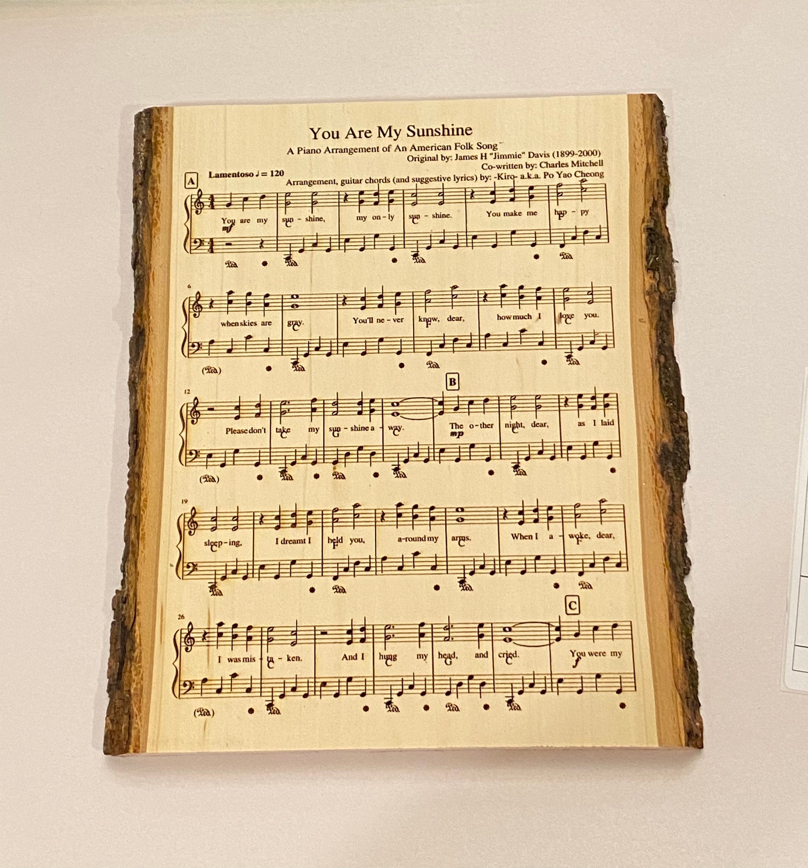 You are My Sunshine Song Engraving / Sheet Music on Natural Wood with Bark / song engraving