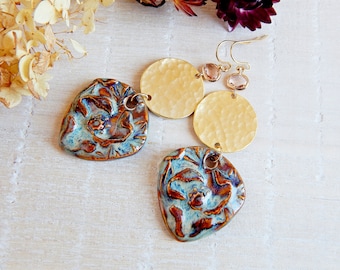 Big boho flower earrings, Statement hammered dangle earrings, bold ceramic earrings, Large bold porcelain earrings, geometric unique jewelry