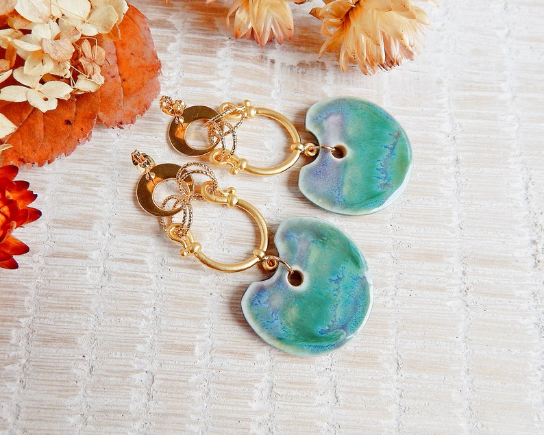 Porcelain and gold brass earrings, Statement boho boho long earrings, Gold plated and ceramic jewelry, Dangle big floral earrings image 7
