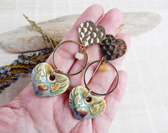 Handmade Ceramic Heart Wing Earrings: Boho Porcelain Dangle