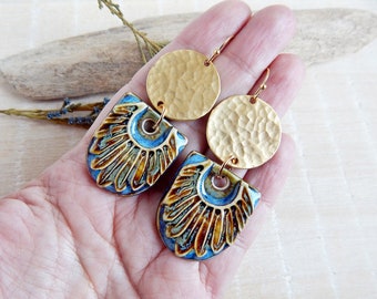 Handcrafted Boho Ceramic Dangles, Handmade Long Feather Pattern Gold Earrings, Statement Porcelain Jewelry for Bold Women