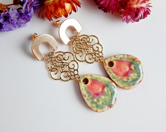 Elegant Gold Filigree Long Ceramic Earrings, Spring Style Statement Dangle Earrings, Unique Porcelain Jewelry