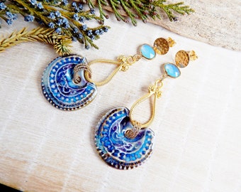Big purple boho ceramic earrings, Artisan gold brass statement earrings, Long dangle porcelain earrings, Unique bold jewelry for women