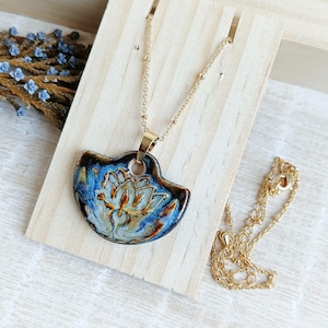 Lotus flower ceramic pendant necklace for women, Artisan spiritual chakra pendant of porcelain, Handmade buddhist with gold chain jewelry