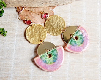 Three tier ceramic earrings, Dangle statement porcelain earrings, Hanging big hammered earrings, Pink and green unique bold earrings