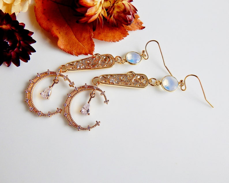 Moon gold plated and opal earrings, charm cubic zirconia earrings for women, every day statement earrings, unique long celestial earrings image 7