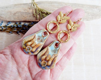 Statement Earthy Boho Earrings - Long Handcrafted Ceramic Dangles in Geometric Shapes with Gold Brass Details