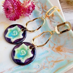 Long dangle flower earrings of ceramic, Gold circles nature earrings, Oval hoops large porcelain earrings, Statement unique purple earrings image 7