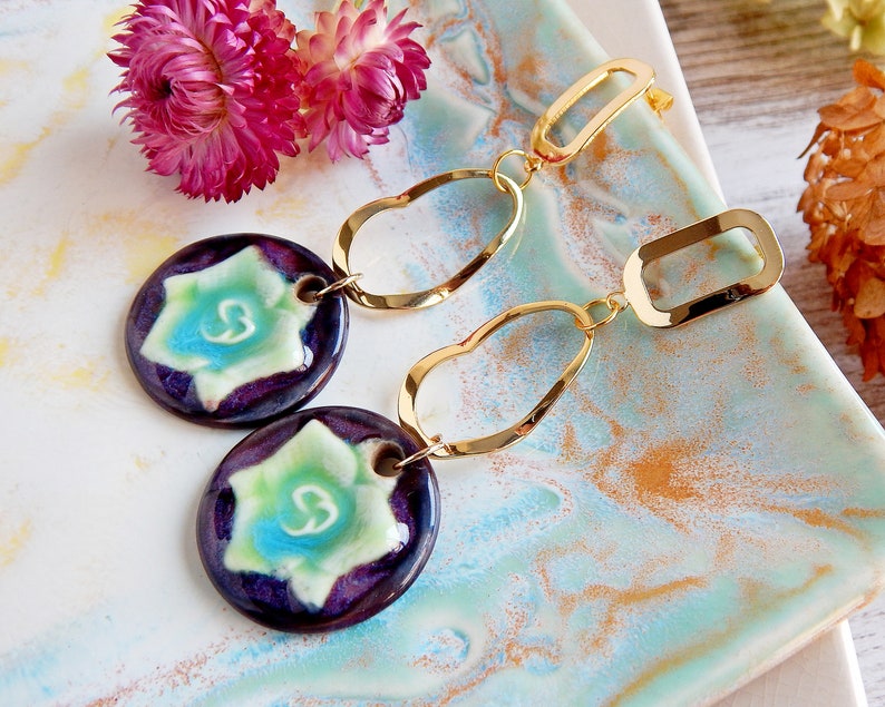 Long dangle flower earrings of ceramic, Gold circles nature earrings, Oval hoops large porcelain earrings, Statement unique purple earrings image 7