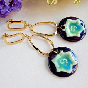 Long dangle flower earrings of ceramic, Gold circles nature earrings, Oval hoops large porcelain earrings, Statement unique purple earrings image 5