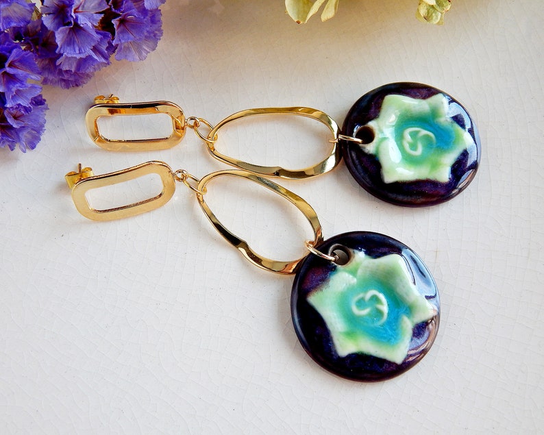 Long dangle flower earrings of ceramic, Gold circles nature earrings, Oval hoops large porcelain earrings, Statement unique purple earrings image 5