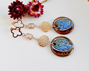 Statement floral earrings of ceramic, Artisan dangle boho bold earrings, Handmade textured porcelain earrings, Hand painted flower earrings