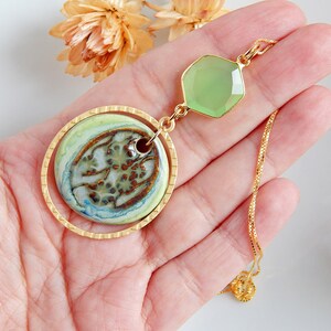 Statement necklace with quartz, green porcelain necklace, gold plated dangle necklace, geometric ceramic necklace, gift for women image 2