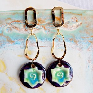 Long dangle flower earrings of ceramic, Gold circles nature earrings, Oval hoops large porcelain earrings, Statement unique purple earrings image 8