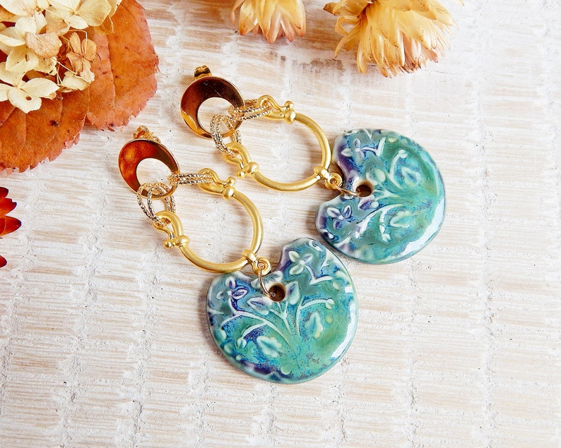 Porcelain and gold brass earrings, Statement boho boho long earrings, Gold plated and ceramic jewelry, Dangle big floral earrings image 5