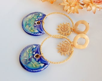 Blue boho ceramic earrings, Statement dangling earrings in tribal style, Artisan large porcelain earrings, Bold and unique colorful jewelry