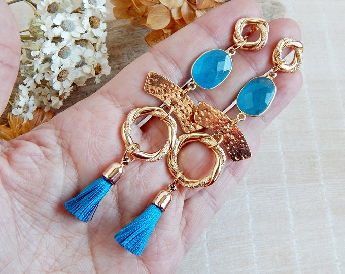 Blue apatite statement drop earrings, Hammered gold plated earrings with fringes, Extra long bold earrings, Unusual gemstone dangle earrings