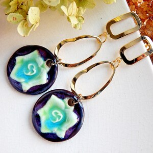 Long dangle flower earrings of ceramic, Gold circles nature earrings, Oval hoops large porcelain earrings, Statement unique purple earrings image 2