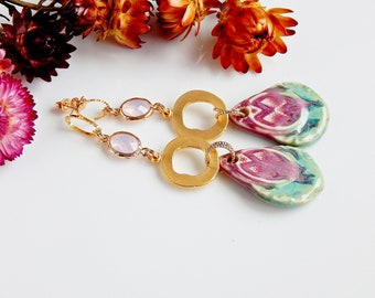 Bold Pink Ceramic Earrings, Oversized Gold Boho Statement Handcrafted Drop Dangles