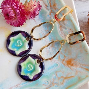 Long dangle flower earrings of ceramic, Gold circles nature earrings, Oval hoops large porcelain earrings, Statement unique purple earrings image 6