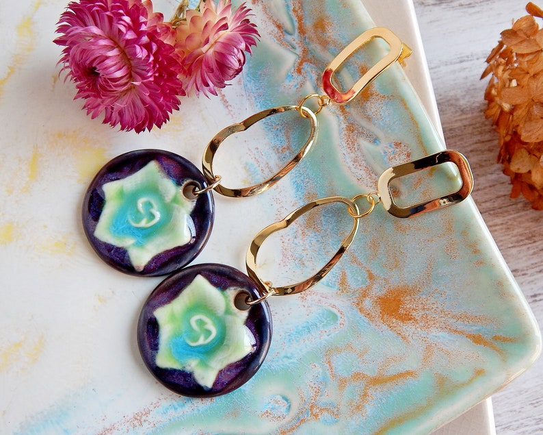Long dangle flower earrings of ceramic, Gold circles nature earrings, Oval hoops large porcelain earrings, Statement unique purple earrings image 6