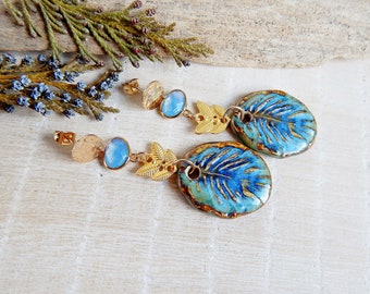 Leaves artisan ceramic earrings, Dangle statement nature inspired earrings, Statement blue porcelain earrings, Unique boho bold earrings