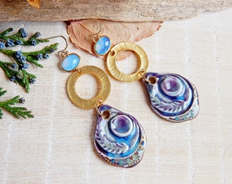 Organic ceramic earrings, Unique bold moon earrings, Purple statement long dangle earrings, Artisan porcelain and gold brass earrings