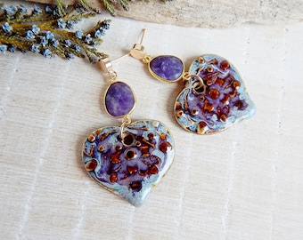 Big ceramic heart earrings, artisan statement lepidolite earrings, gold plated and porcelain earrings, purple boho earrings, gift for mom