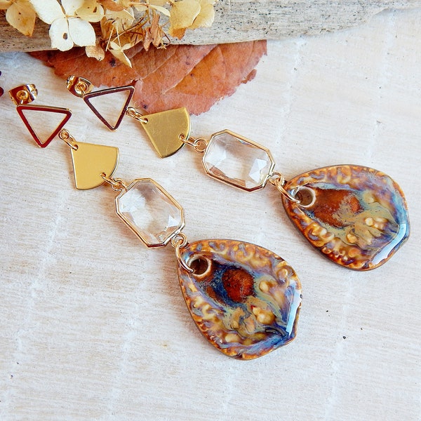 Earthy ceramic earrings, Large gold statement earrings with clear quartz, Geometric dangle drop earrings, Boho porcelain jewelry for woman