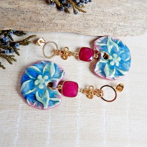 Bright Floral Handmade Ceramic Earrings Large Dangle Statement Earrings Boho Style Bold Porcelain Jewelry image 4