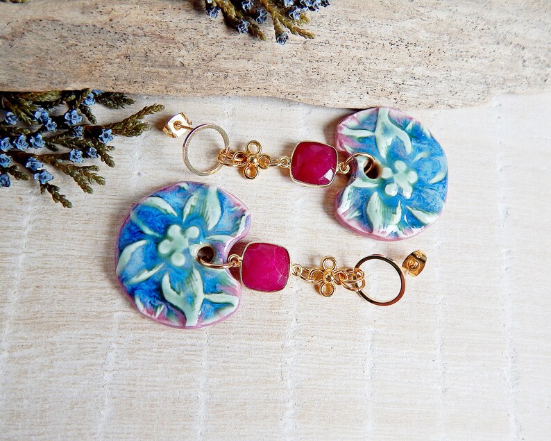 Bright Floral Handmade Ceramic Earrings Large Dangle Statement Earrings Boho Style Bold Porcelain Jewelry image 4