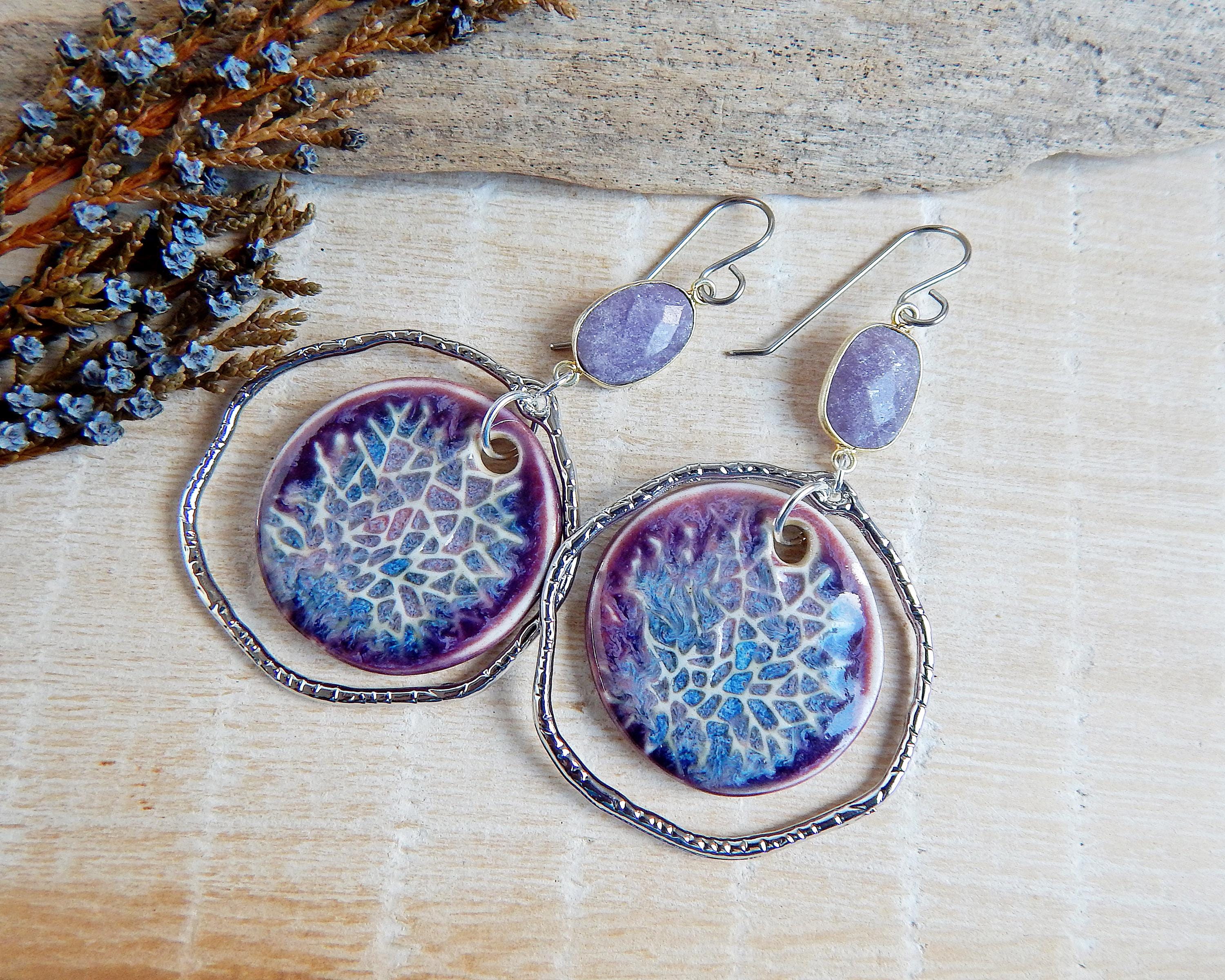 Lepidolite gemstone silver plated hoops, Hammered large round earrings of porcelain, Big boho statement hoops, Ceramic bold earrings