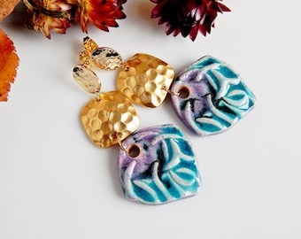 Hammered tribal earrings, statement dangle colorful ceramic earrings, big artisan porcelain earrings, bold ethnic jewelry, gift for sister