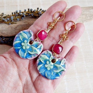 Bright Floral Handmade Ceramic Earrings Large Dangle Statement Earrings Boho Style Bold Porcelain Jewelry image 2
