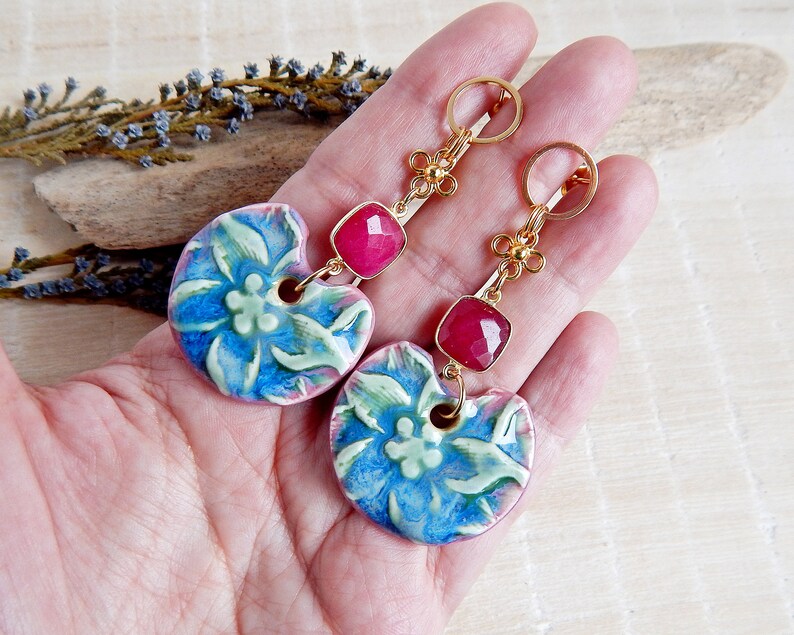 Bright Floral Handmade Ceramic Earrings Large Dangle Statement Earrings Boho Style Bold Porcelain Jewelry image 2