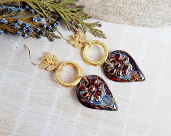 Rustic drop earrings of floral design, Handmade flower ceramic earrings, Statement boho large gold brass earrings, Porcelain artisan earring