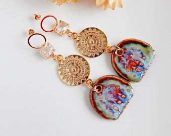 Bright Ceramic Drop Earrings, Unique Large Boho Dangles, Artisan Handmade Statement Jewelry