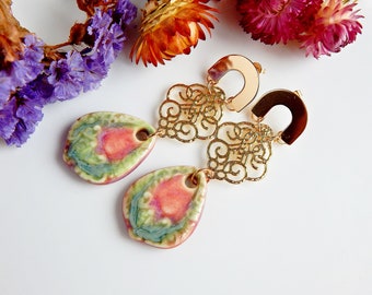 Long gold filigree earrings with ceramic charms, Statement boho porcelain earrings, Unique bold dangle big earrings, Unusual ceramic jewelry