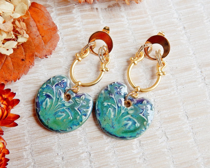 Porcelain and gold brass earrings, Statement boho boho long earrings, Gold plated and ceramic jewelry, Dangle big floral earrings image 1