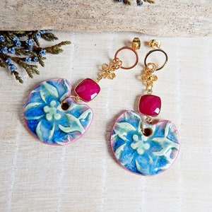 Bright Floral Handmade Ceramic Earrings Large Dangle Statement Earrings Boho Style Bold Porcelain Jewelry image 3